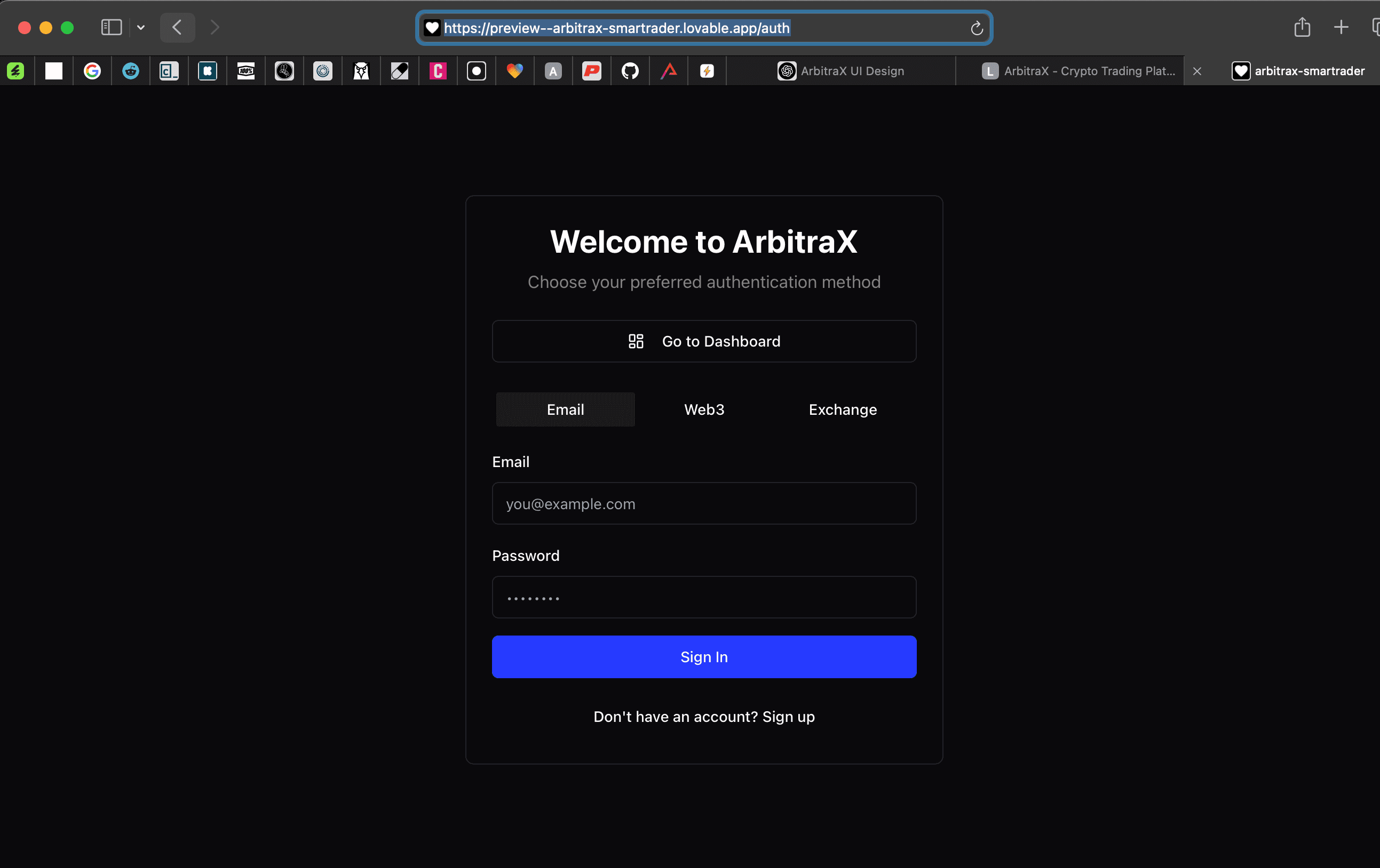 ArbitraX authentication flow